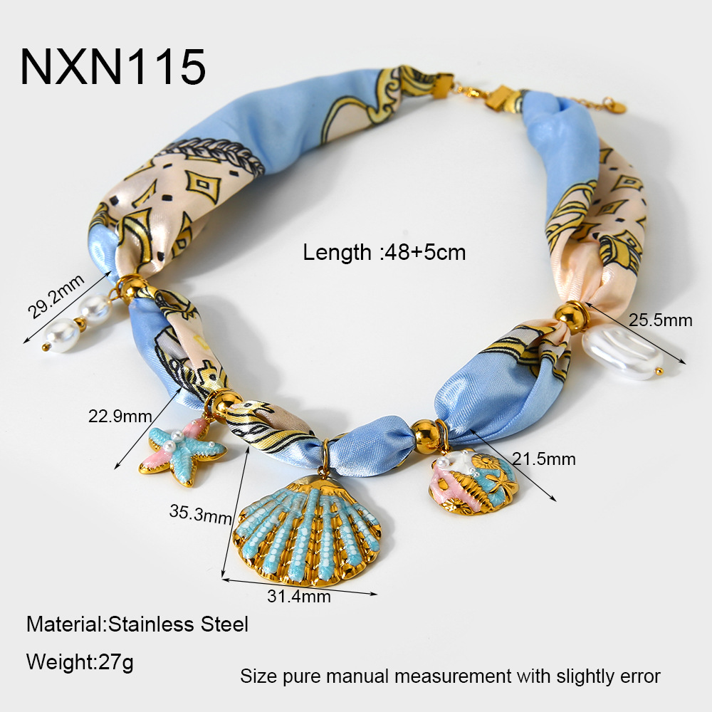 Seashell Charm Silk Scarf Necklace Coastal Shell Starfish Pearl Statement Jewelry
