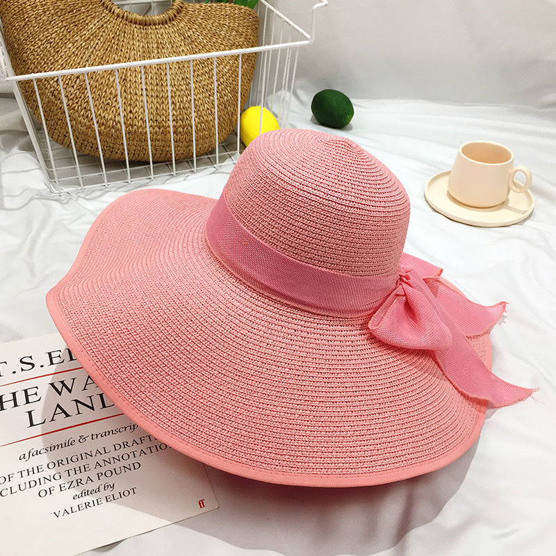 Wide Brim Straw Sun Hat with Chiffon Bow Floppy Beach Cap for Women