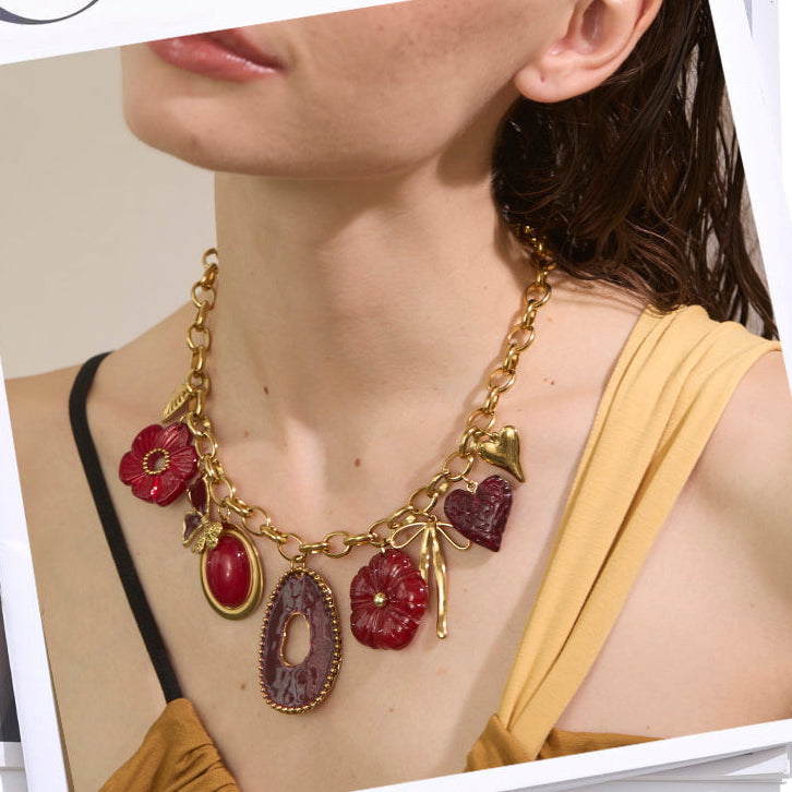 Gold Tone Chunky Chain Necklace with Red Resin Flower and Heart Charms