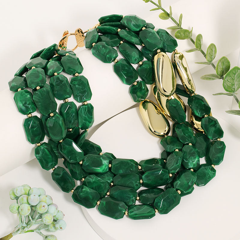 Statement Multi-Strand Resin Bead Necklace Set Gold Toned Dangle