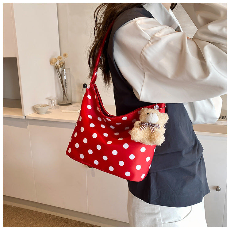 Trendy Polka Dot Shoulder Bag with Cute Teddy Bear Charm
