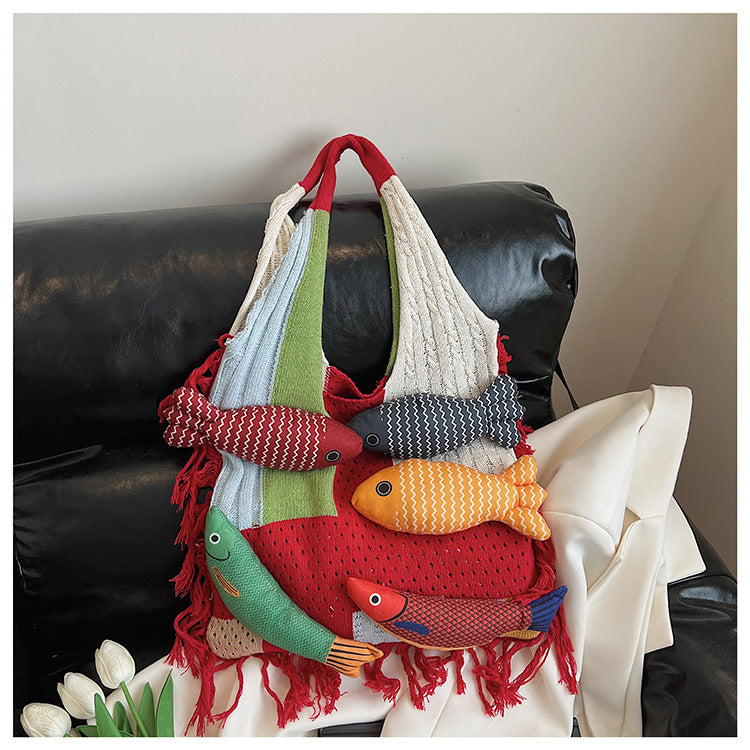 Whimsical Hand-Knit Patchwork Fish Tote Bag - Unique Artisan Boho Shoulder Purse