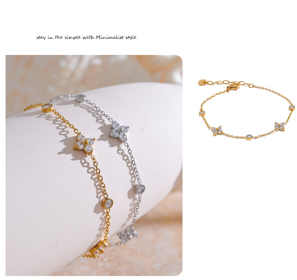 Dainty Flower Zircon Bracelet Gold Silver Plated Minimalist Chain Adjustable