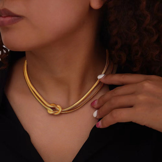 2 Piece Gold Tone Knot Snake Chain Necklace and Bracelet Set Minimalist Adjustable Layered Jewelry Stackable Gift Set for Women