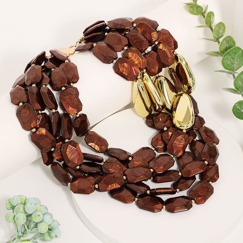 Statement Multi-Strand Resin Bead Necklace Set Gold Toned Dangle