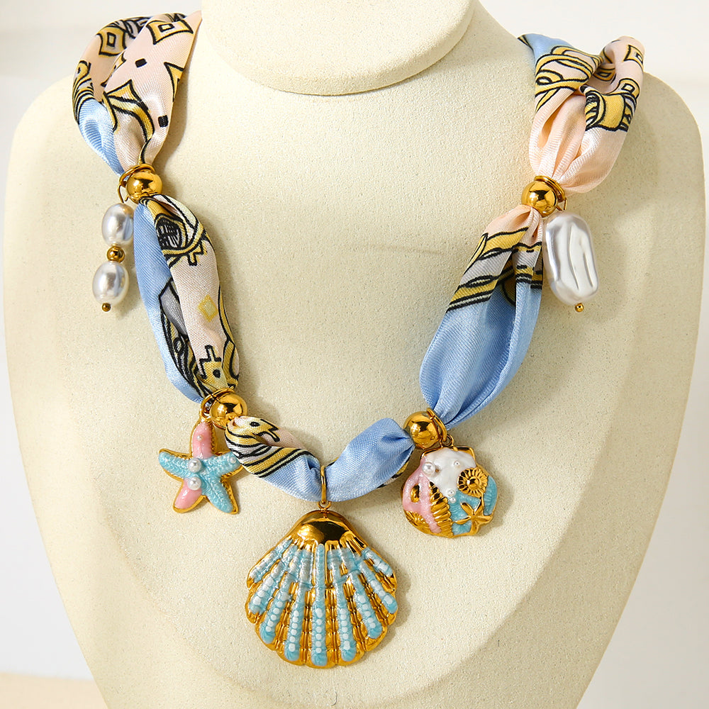 Seashell Charm Silk Scarf Necklace Coastal Shell Starfish Pearl Statement Jewelry