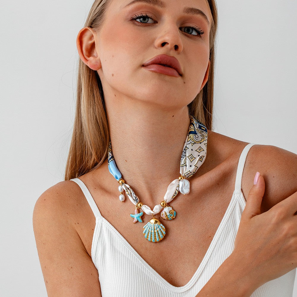 Seashell Charm Silk Scarf Necklace Coastal Shell Starfish Pearl Statement Jewelry