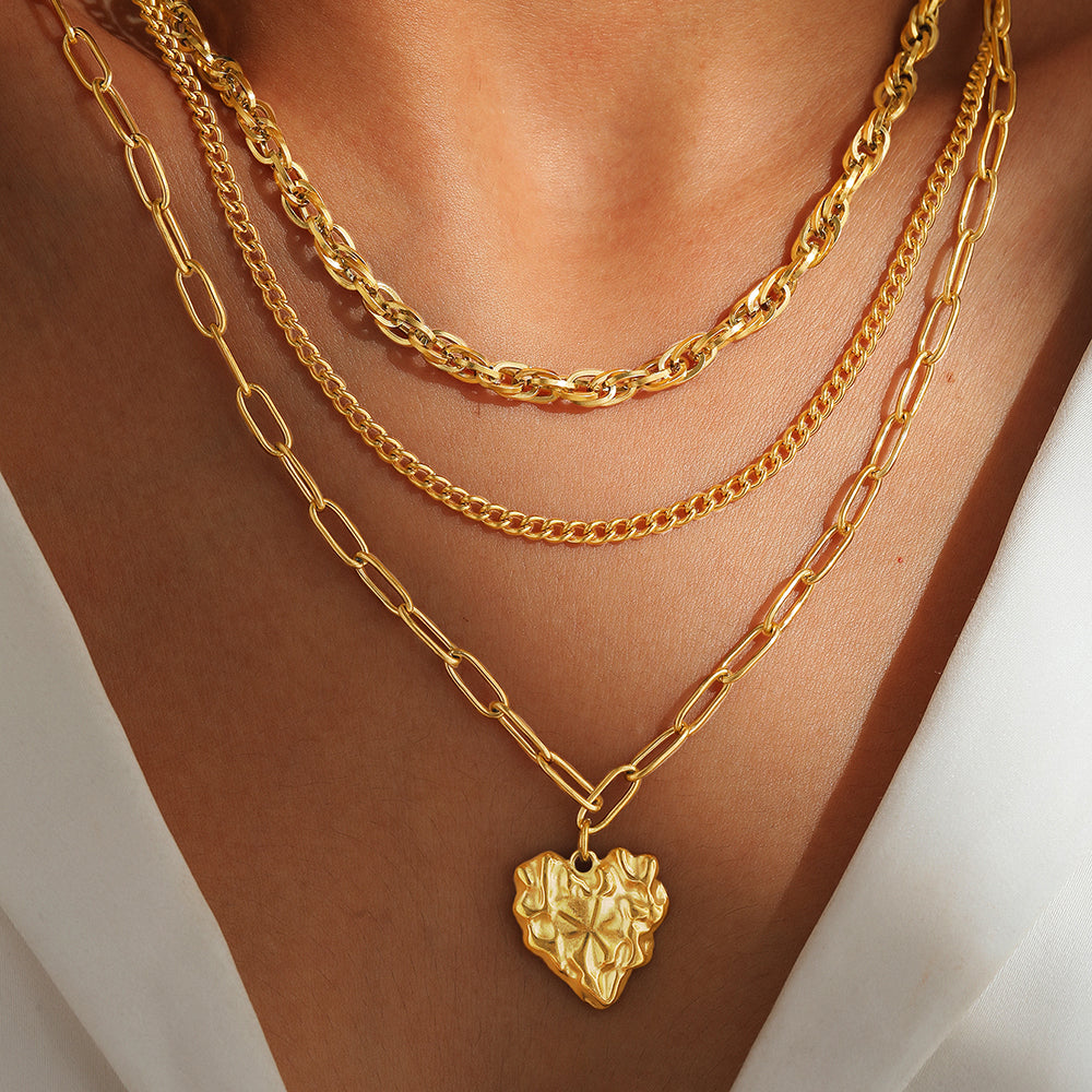 Layered Heart Pendant Necklace Set Stainless Steel Tarnish Resistant