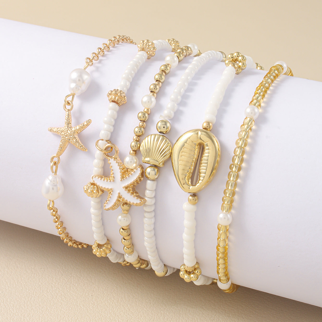 Boho Starfish Shell Beaded Bracelet Set Multi-Layer Beach Jewelry for Women