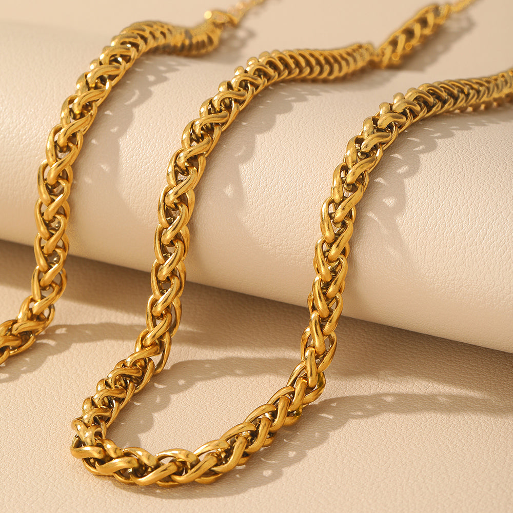 Gold Stainless Steel Braided Chain Necklace Bracelet Set for Women