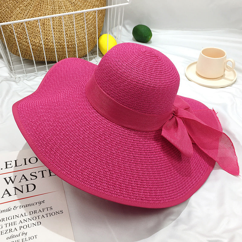 Wide Brim Straw Sun Hat with Chiffon Bow Floppy Beach Cap for Women