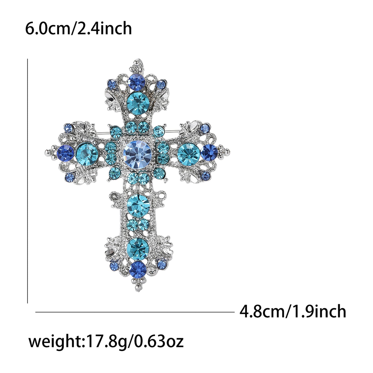 Blue Rhinestone Cross Brooch Pin Vintage Religious Pendant Silver Tone Jewelry