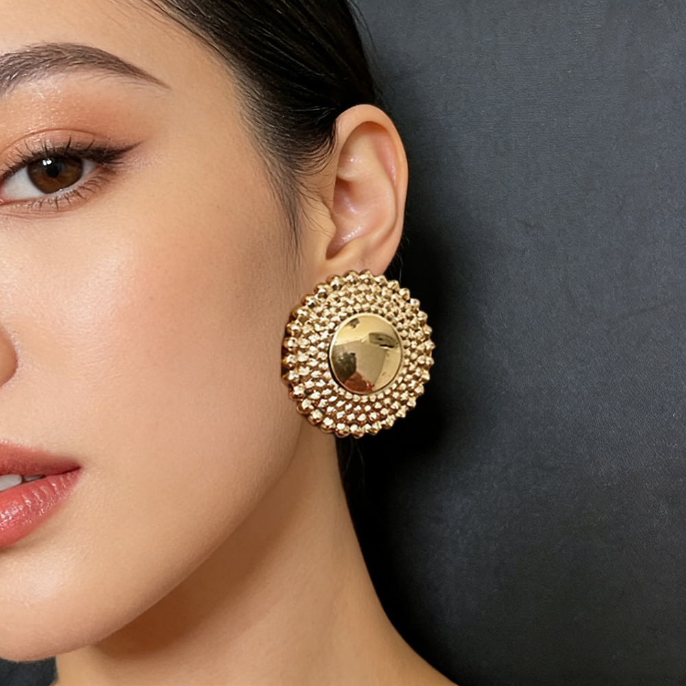 Gold Tone Textured Disc Statement Earrings for Women