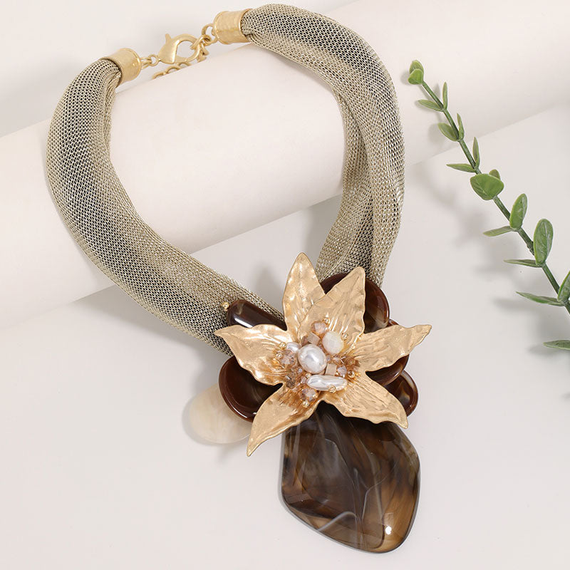 Gold Mesh Statement Necklace Large Floral Pendant Resin Stone Faux Pearl Choker