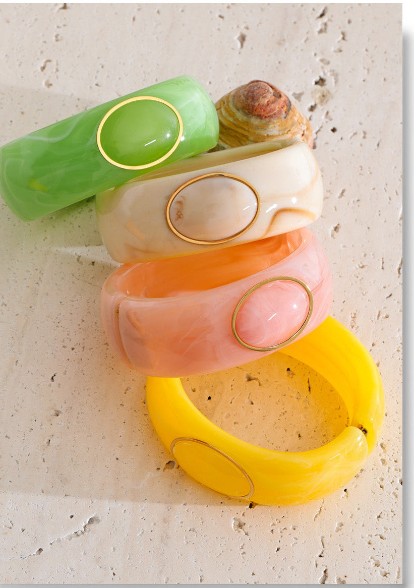 Pink Resin Oval Accent Cuff Bracelet for Women – Chunky Gold Tone Statement Bangle