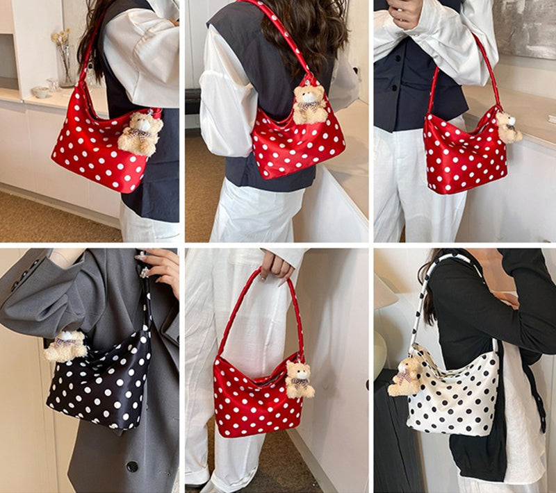 Trendy Polka Dot Shoulder Bag with Cute Teddy Bear Charm