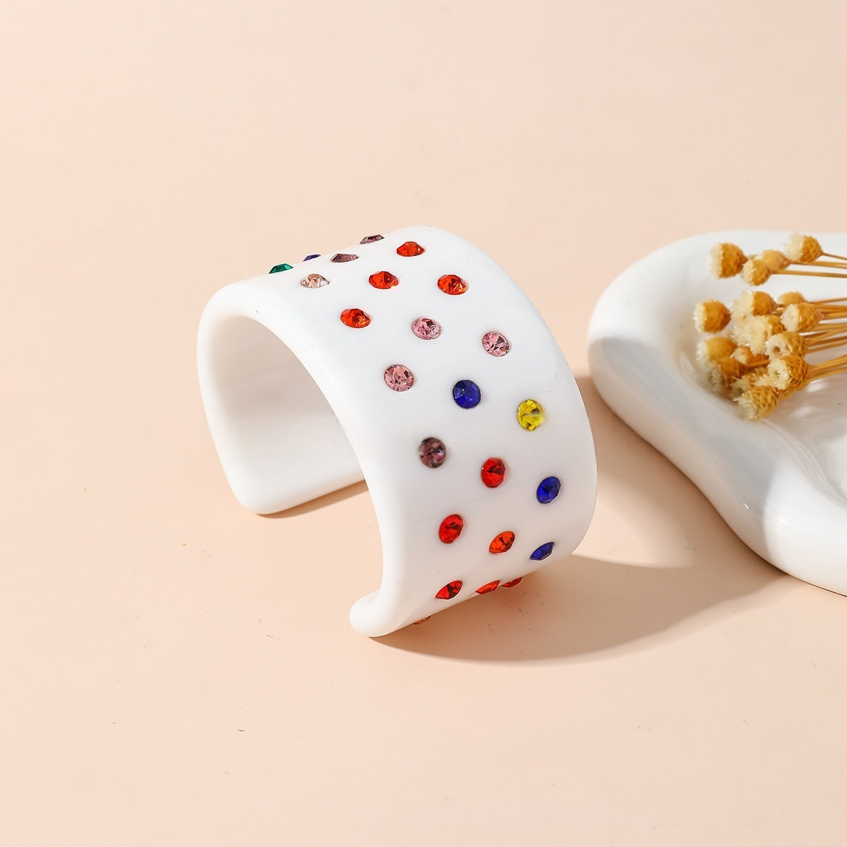 Crystal Inlaid Resin Cuff Bracelet Wide Bangle Summer Accessory