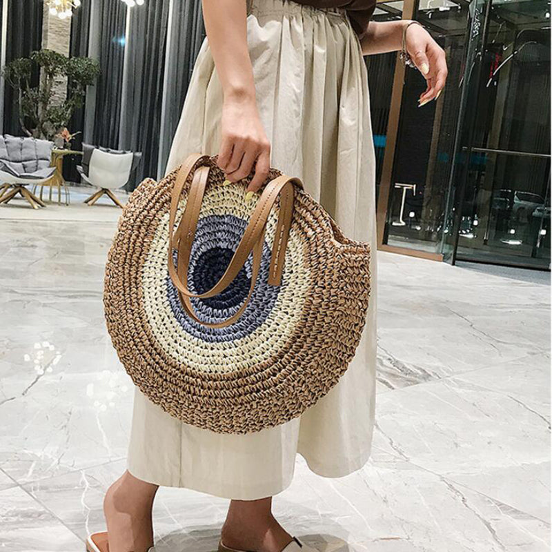 Round Woven Straw Shoulder Bag Bohemian Tote Beach Purse Summer Travel Handbag