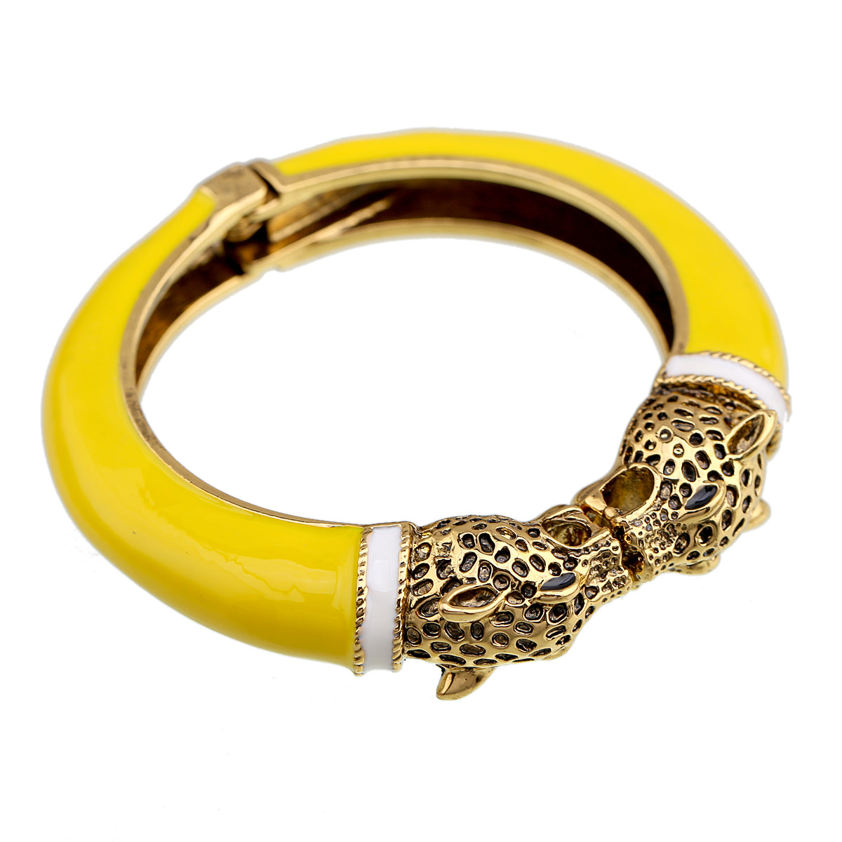 Gold Tone Leopard Head Bangle Bracelet Set Enamel Cuff Statement Jewelry