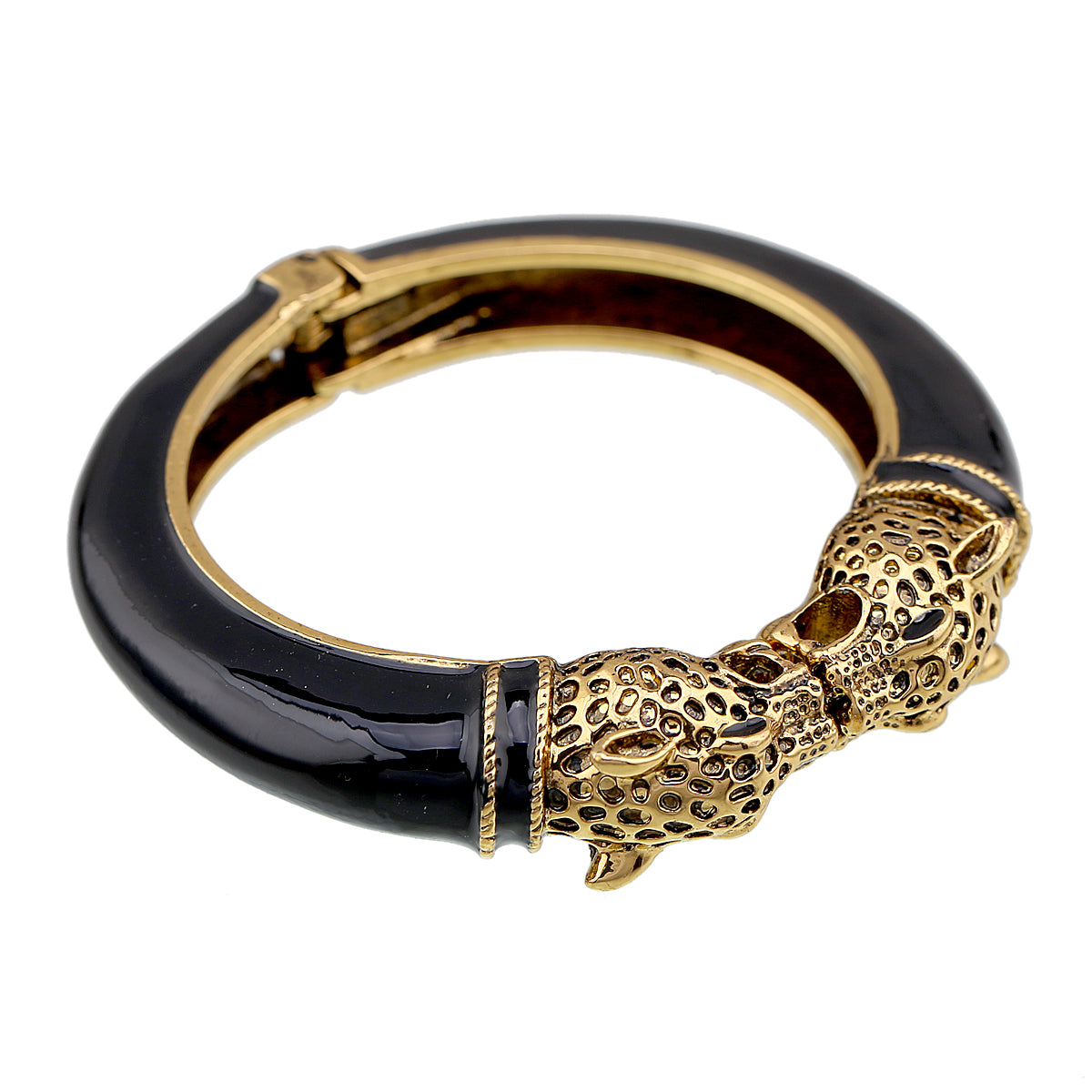 Gold Tone Leopard Head Bangle Bracelet Set Enamel Cuff Statement Jewelry