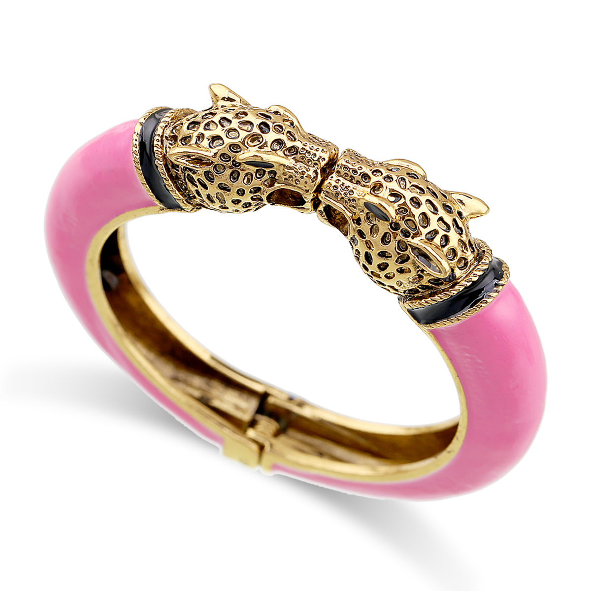 Gold Tone Leopard Head Bangle Bracelet Set Enamel Cuff Statement Jewelry