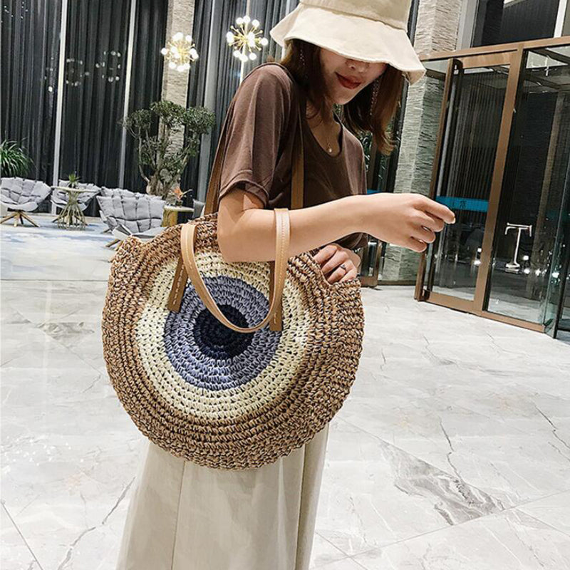 Round Woven Straw Shoulder Bag Bohemian Tote Beach Purse Summer Travel Handbag