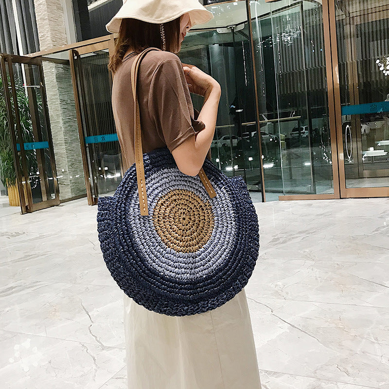 Round Woven Straw Shoulder Bag Bohemian Tote Beach Purse Summer Travel Handbag