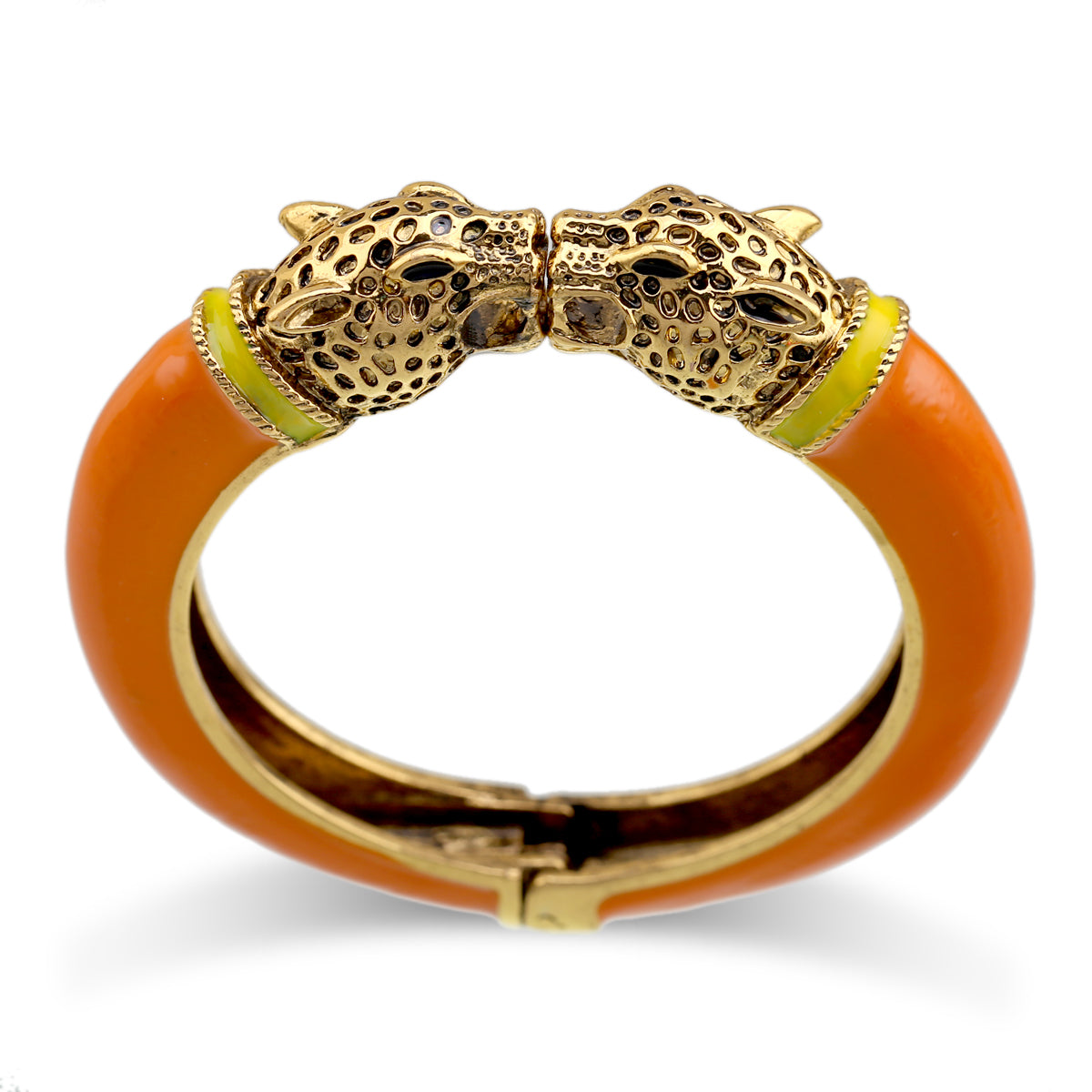 Gold Tone Leopard Head Bangle Bracelet Set Enamel Cuff Statement Jewelry
