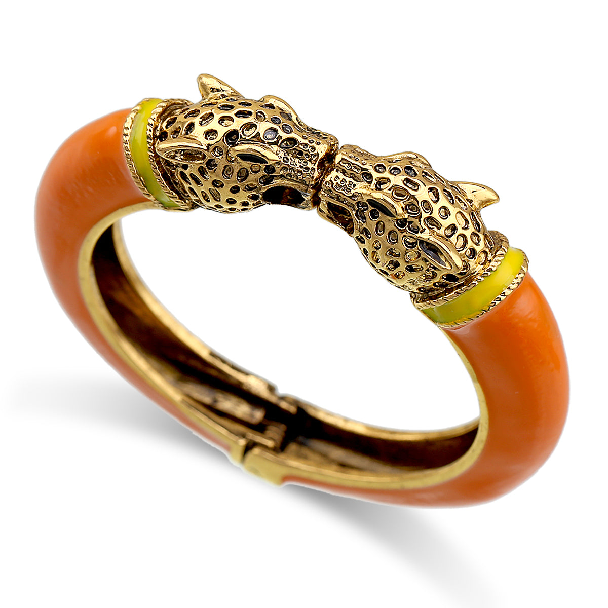 Gold Tone Leopard Head Bangle Bracelet Set Enamel Cuff Statement Jewelry