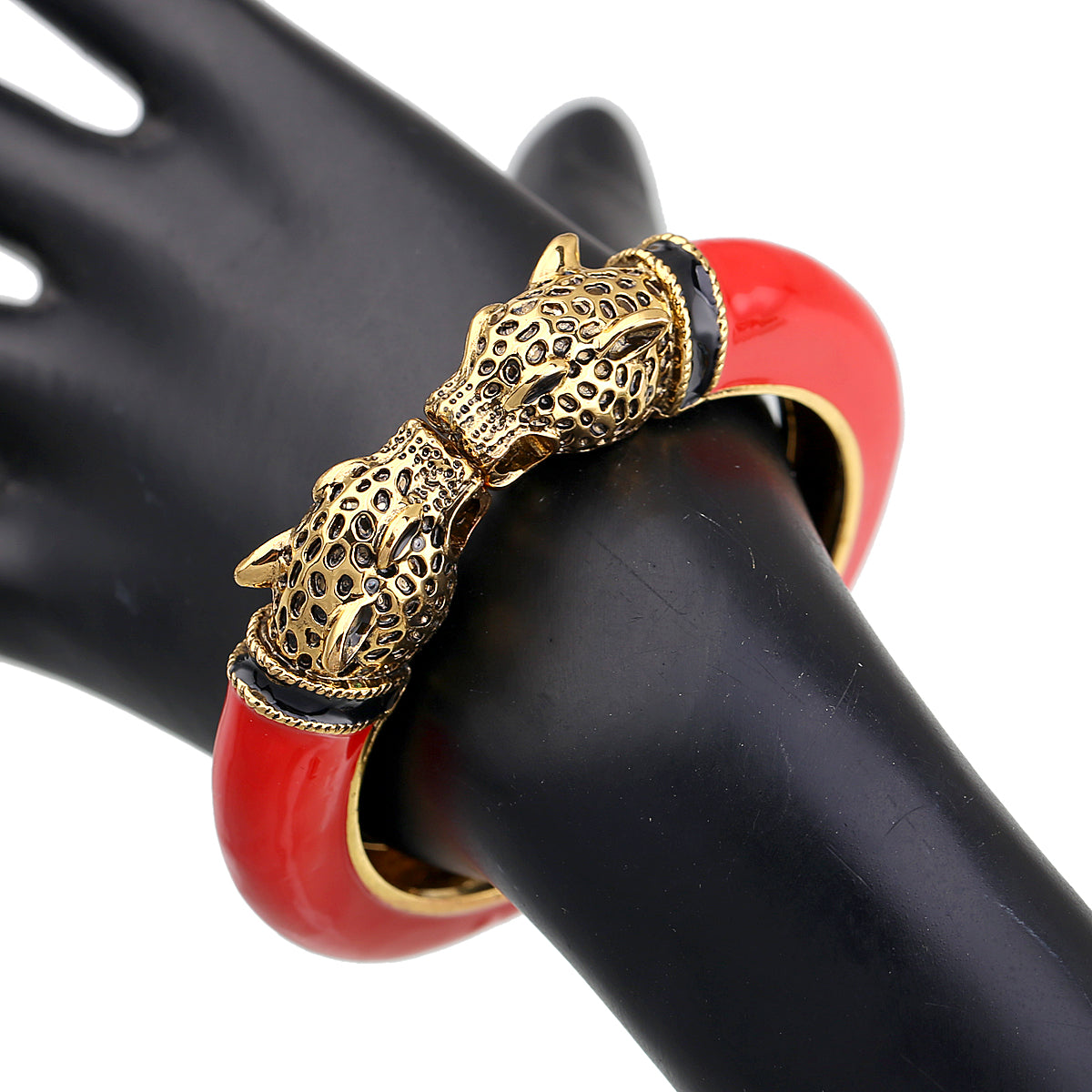 Gold Tone Leopard Head Bangle Bracelet Set Enamel Cuff Statement Jewelry