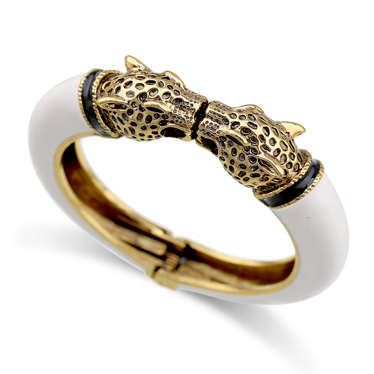 Gold Tone Leopard Head Bangle Bracelet Set Enamel Cuff Statement Jewelry