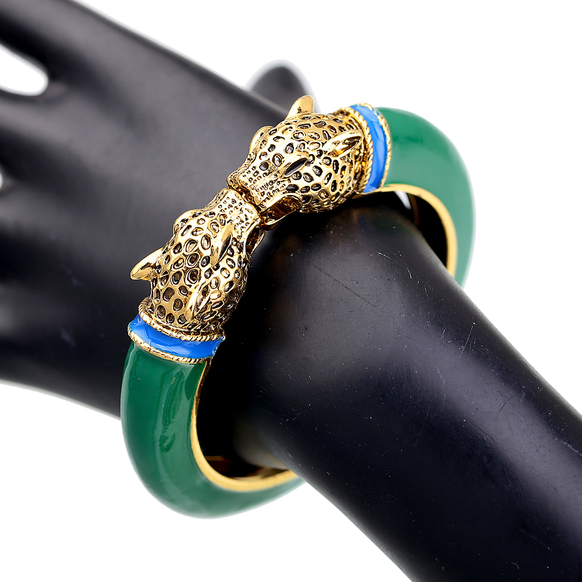 Gold Tone Leopard Head Bangle Bracelet Set Enamel Cuff Statement Jewelry