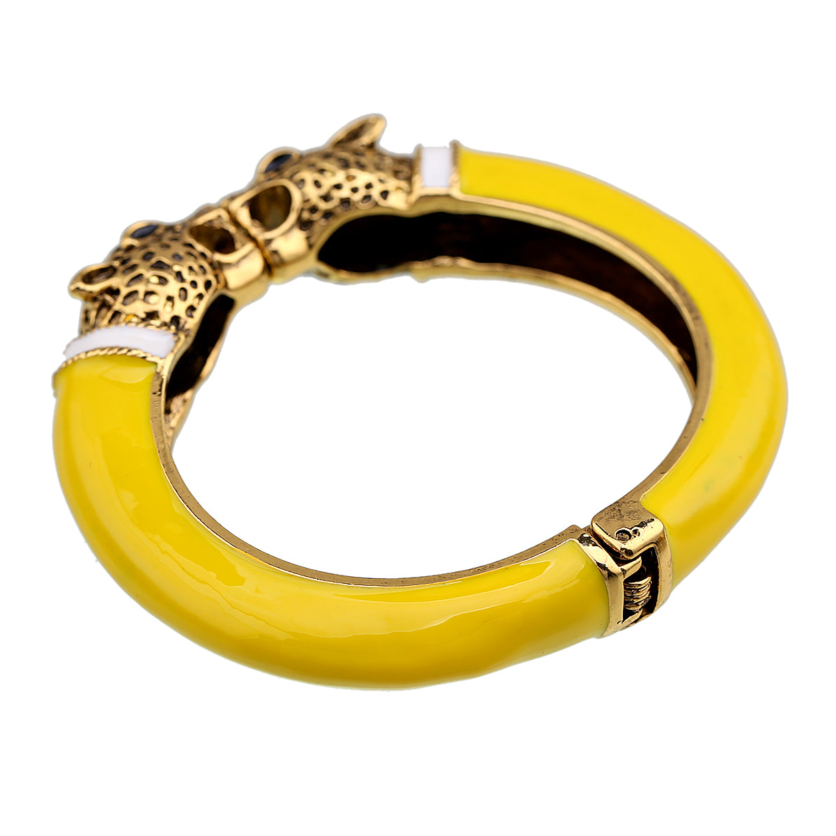 Gold Tone Leopard Head Bangle Bracelet Set Enamel Cuff Statement Jewelry