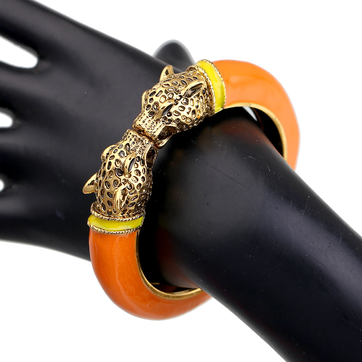 Gold Tone Leopard Head Bangle Bracelet Set Enamel Cuff Statement Jewelry