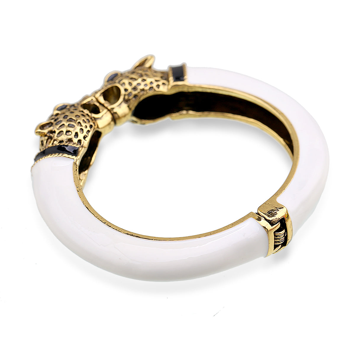 Gold Tone Leopard Head Bangle Bracelet Set Enamel Cuff Statement Jewelry
