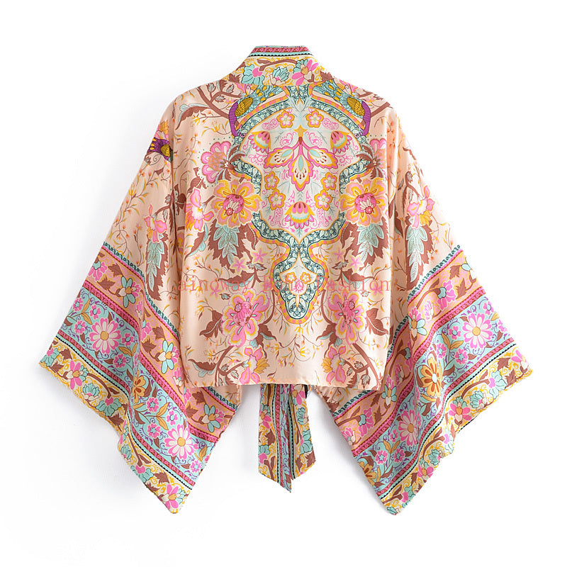 Boho Floral Tie-Front Kimono Cardigan - Lightweight Bohemian Cover-Up