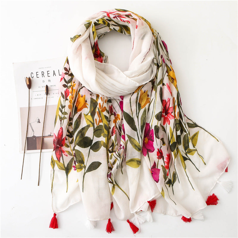 Women's Floral Lightweight Scarf Soft Cotton Blend Tassel Wrap Shawl