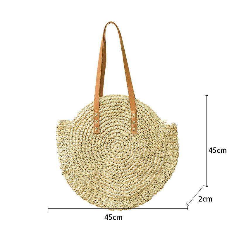 Round Woven Straw Shoulder Bag Bohemian Tote Beach Purse Summer Travel Handbag