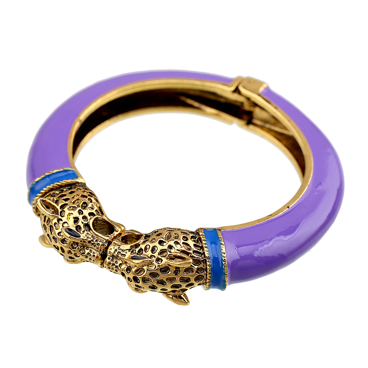 Gold Tone Leopard Head Bangle Bracelet Set Enamel Cuff Statement Jewelry