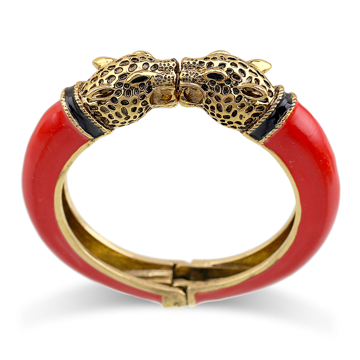 Gold Tone Leopard Head Bangle Bracelet Set Enamel Cuff Statement Jewelry