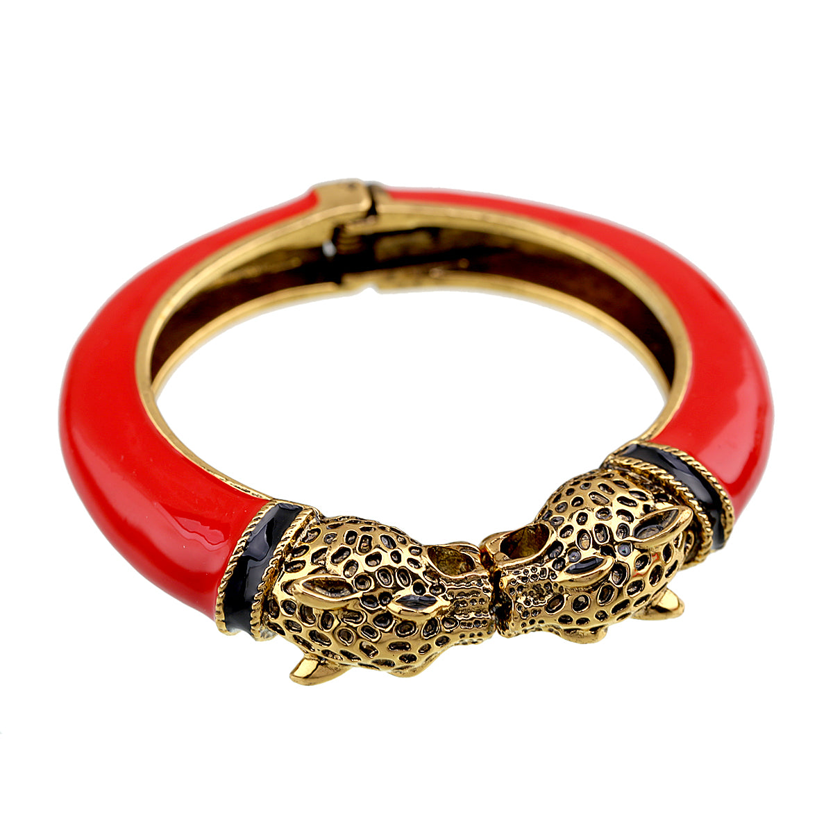 Gold Tone Leopard Head Bangle Bracelet Set Enamel Cuff Statement Jewelry