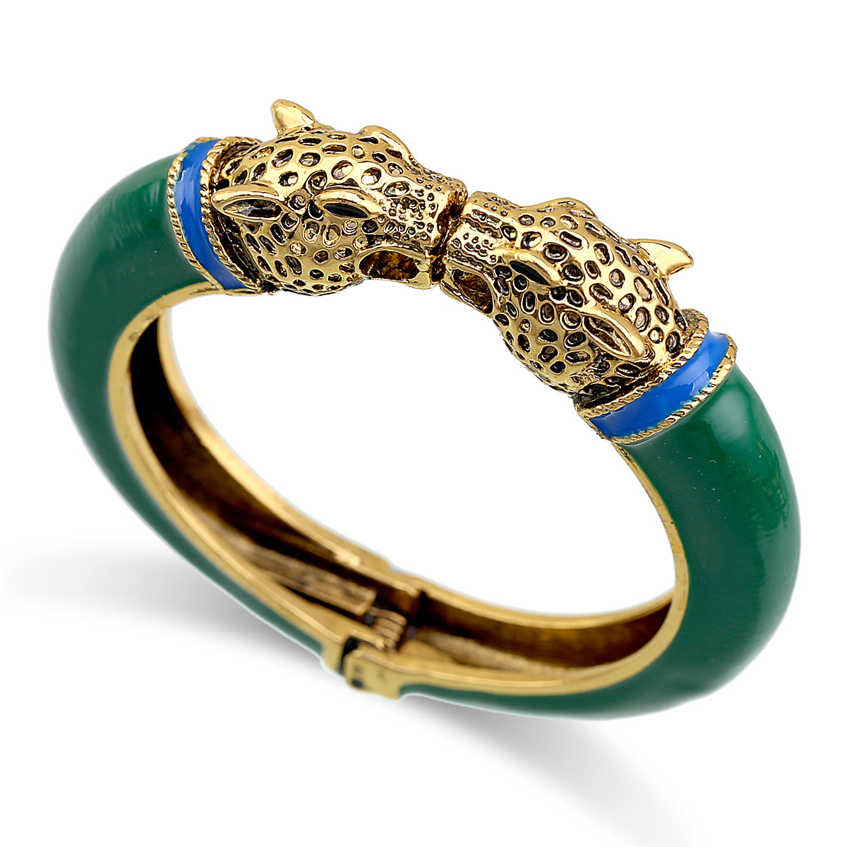 Gold Tone Leopard Head Bangle Bracelet Set Enamel Cuff Statement Jewelry