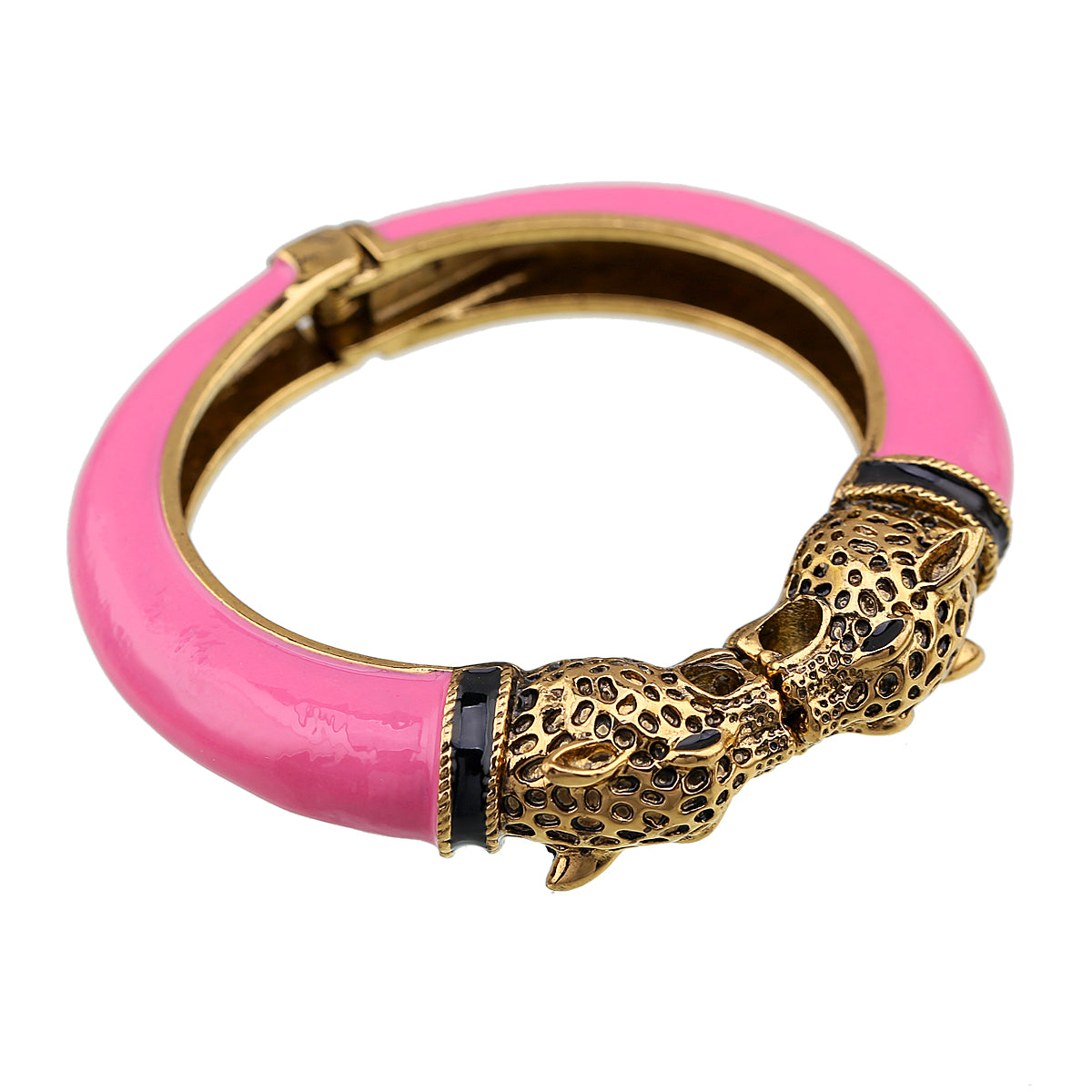 Gold Tone Leopard Head Bangle Bracelet Set Enamel Cuff Statement Jewelry