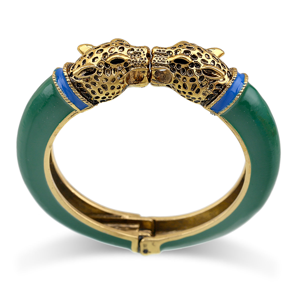 Gold Tone Leopard Head Bangle Bracelet Set Enamel Cuff Statement Jewelry