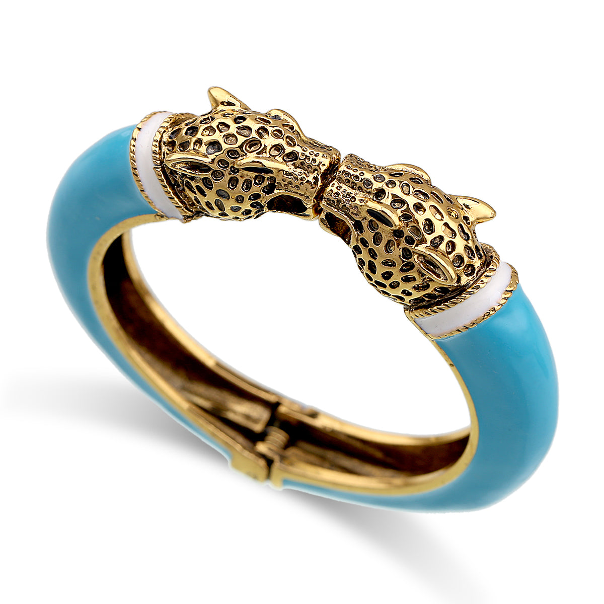 Gold Tone Leopard Head Bangle Bracelet Set Enamel Cuff Statement Jewelry