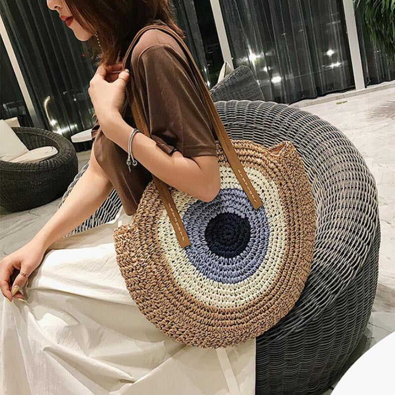 Round Woven Straw Shoulder Bag Bohemian Tote Beach Purse Summer Travel Handbag