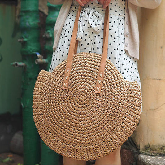 Round Woven Straw Shoulder Bag Bohemian Tote Beach Purse Summer Travel Handbag