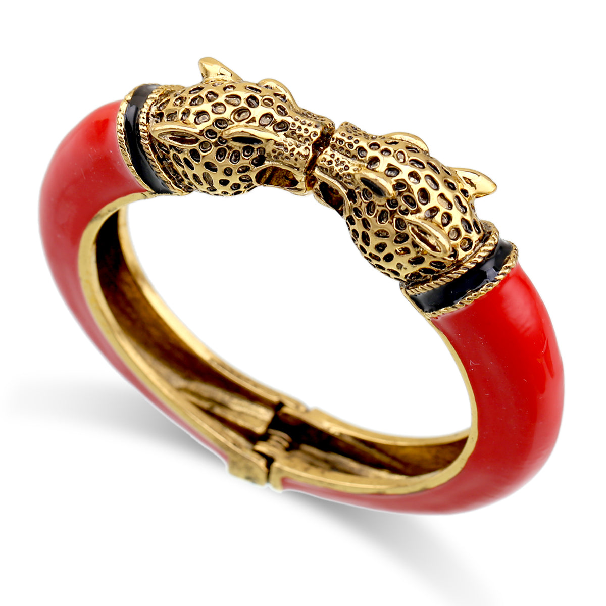Gold Tone Leopard Head Bangle Bracelet Set Enamel Cuff Statement Jewelry