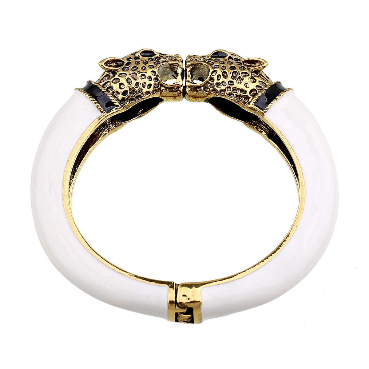 Gold Tone Leopard Head Bangle Bracelet Set Enamel Cuff Statement Jewelry