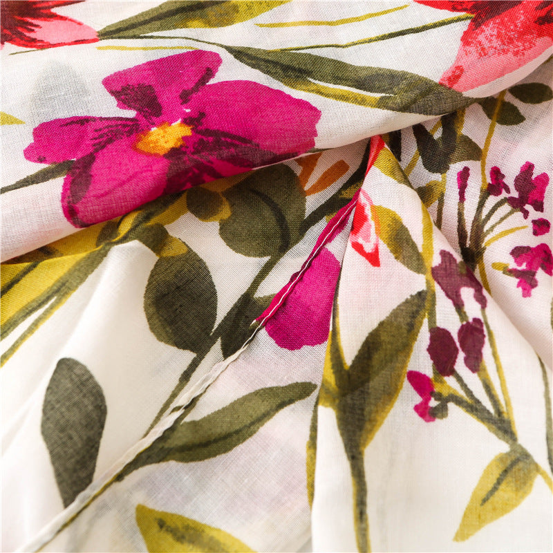 Women's Floral Lightweight Scarf Soft Cotton Blend Tassel Wrap Shawl